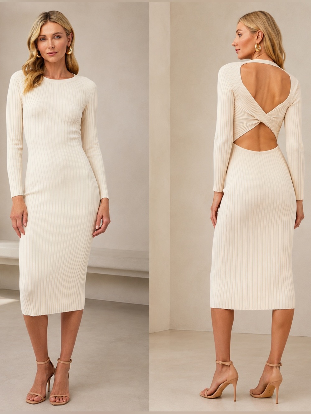 Bardot Vigo Ribbed Knit Midi Dress S Cream Open Back Cutout Bodycon
